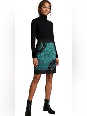 Desigual Botanical Mandala Print Skirt with Lace and Velvet Accents Size Medium